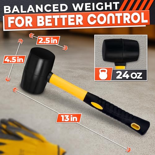 Image of 24 Oz Rubber Mallet Hammer for Woodworking, Flooring, Tiling, Camping and More - Rubber Hammer with Non-Slip Grip, Durable Ergonomic Handle and Anti-Vibrating Design for Furniture Assembly and Repairs