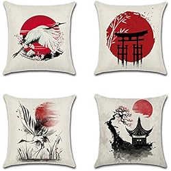 Almohada Japonesa Del Amor Artscope Juego de 4 fundas de cojín de estilo japonés, diseño de sol rojo con pintura de tinta, grúa de algodón y lino, fundas de almohada decorativas para sofá, decoración de granja, 45 x 45 cm