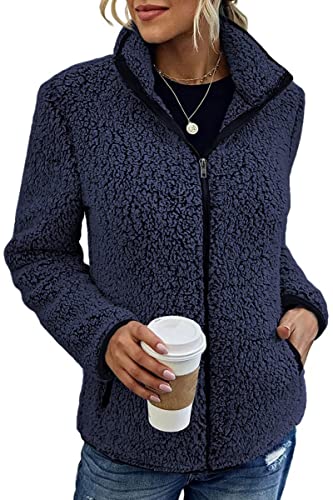 Tomwell Mujer Chaqueta Cárdigan de Felpa Manga Larga Cuello Alto Color Sólido Top Moda Casual Cremallera Burbuja Chaqueta Polar A Azul Oscuro XL Cover
