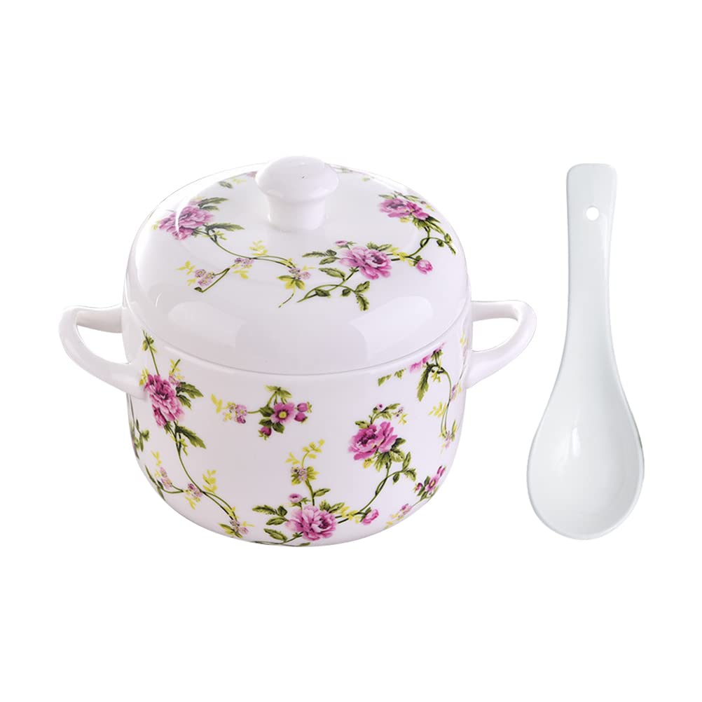 Keramik Suppenschale mit Deckel und Löffel Porzellan Schüsselset für Müslischale und Dessert Küchensuppentopf aus Blumen Keramik für Zuhause und Servieren Zufällige Farbe