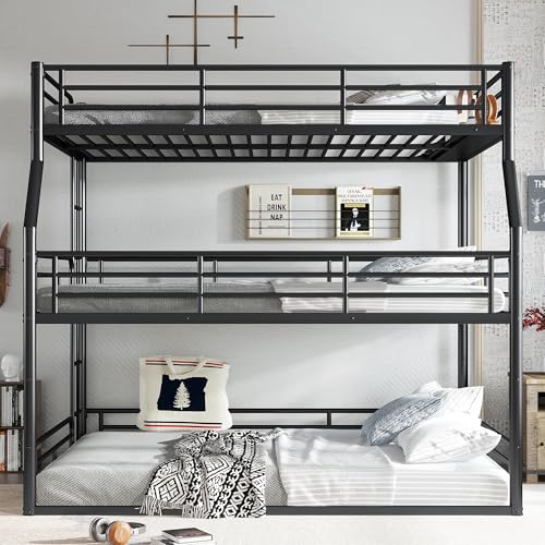 Image of Full Over Queen Over Queen Bunk Bed with Safety Guardrails, Modern Metal Triple Bed Frame for Kids, No Box Spring Required, Black