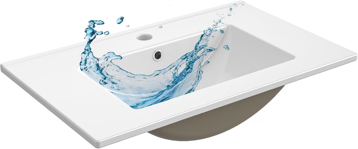 30'' Vanity Sink Top,Bathroom Undermount Ceramic Sink Top W/One Hole, Rectangular Porcelain Sink Basin,Overflow Drain,White