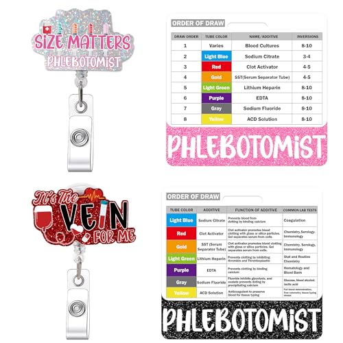 6 Pcs Phlebotomy Badge Reels, Retractable Funny Pink Glitter ID Badge Holder with Metal Clip, Phlebotomy Essentials and Phlebotomist Gifts