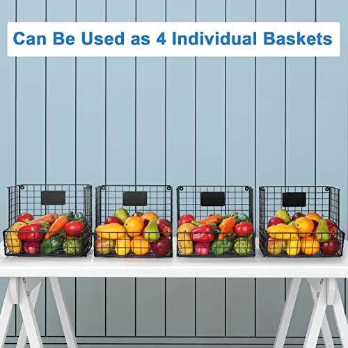 Vegetable Rack,Metal Wire Baskets with Wheels, Stackable Storage Bins Kitchen Cupboard Organiser Shelf,4 Tier Fruit Basket with Chalkboards for Garage, Pantry, Bathroom