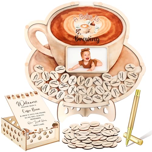 Image of Wenqik 63 Pcs a Baby is Brewing Coffee Baby Shower Guest Book Alternatives Set Shower Decorations with Photo Frame Sonogram Frame Keepsake 60 Wood Slices Guest Book for Birthday