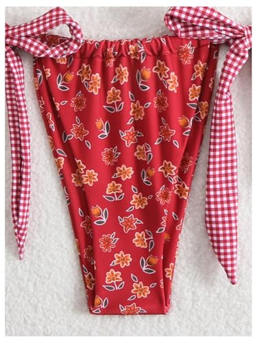 Women's 2 Piece Floral Plaid Swimsuit Halter Triangle Bathing Suit Bowknot Tie Side Bikini Sets3
