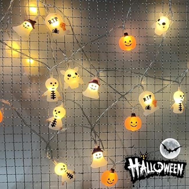 Outdoor Battery Operated Halloween String Lights, 15FT with 30 LED Bat, Tombstone, Pumpkin, Ghost - Timer & Cute Spooky Design for Home Party Porch Decor
