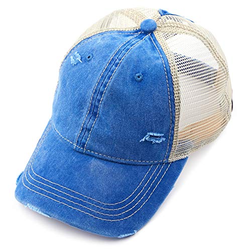 Image of C.C Exclusives Washed Distressed Cotton Denim Criss-Cross Ponytail Hat Baseball Cap Bundle Hair Tie (BT-1007)
