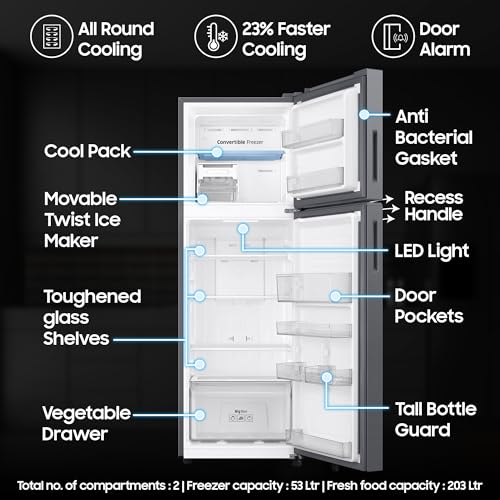 Image of Samsung 256 L, 3 Star, Convertible, Digital Inverter Frost Free Double Door Refrigerator (RT40H30U3THL, Silver, Matt Doi Metal, 2026 Model)