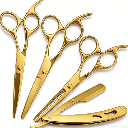 Kit 4 Tesouras Profissionais Fio Laser Navalha Desfiadeira Barba Estojo (Dourado)
