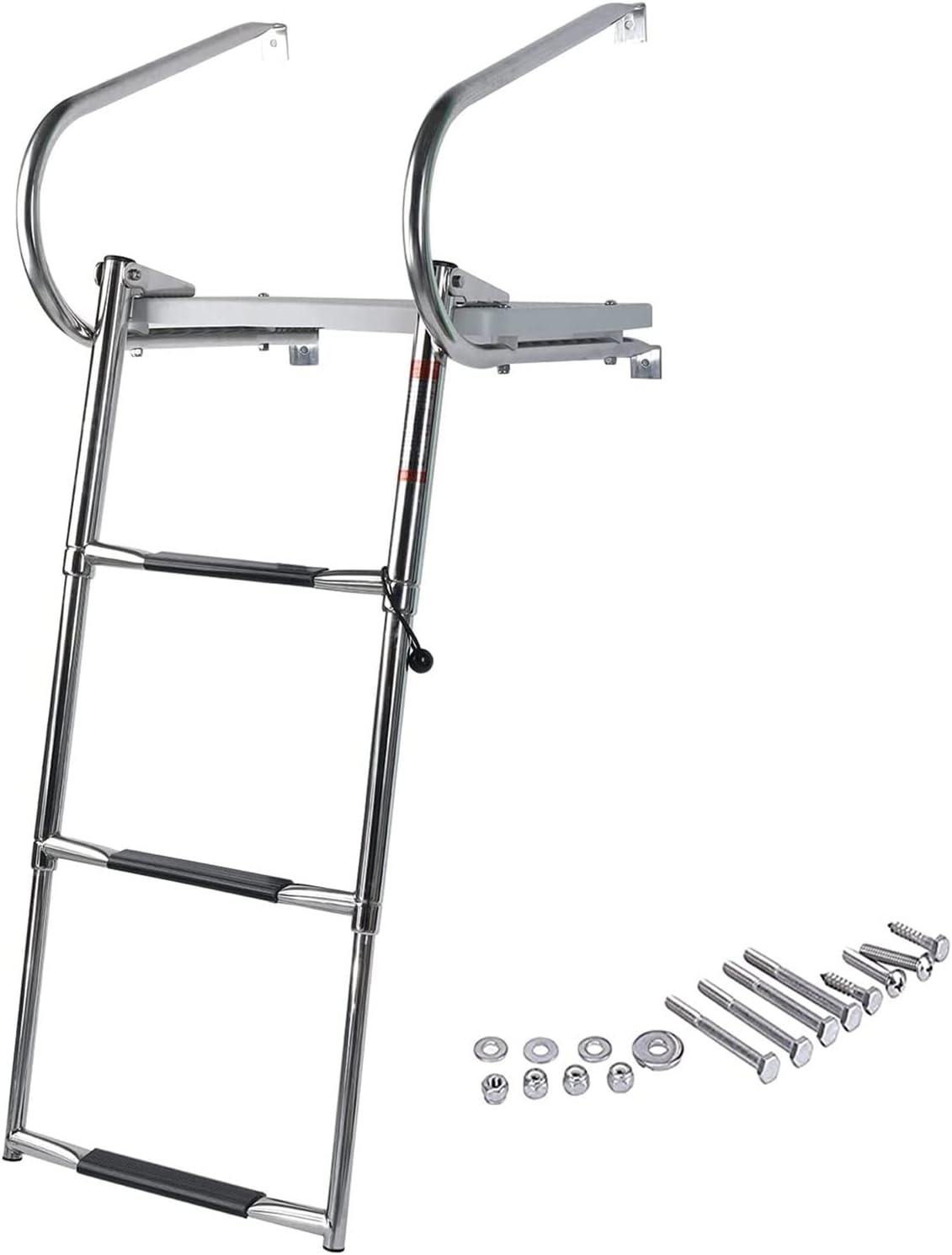 OKUOKA Ladders,Pontoon Boat Ladder Under Deck with Fiberglass Platform & Complete Kits, Foldable Telescoping Ladder for Bass Boat, Fishing Boat & Swimming Pool/3-Step