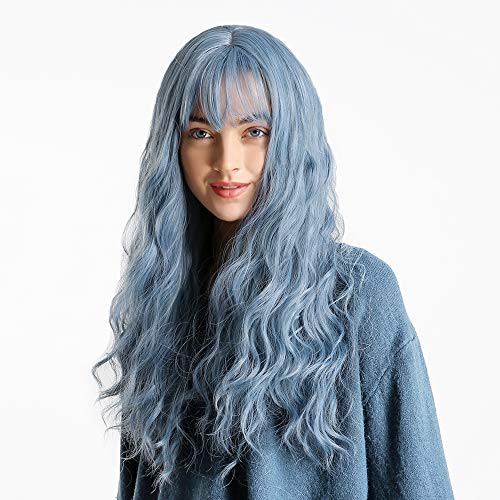 MEIRIYFA Blue Long Wavy Curly Wig With Bangs for Women Girl Synthetic Fiber Hair Light Blue Full Wig for Cosplay Party Wig Daily Use 25inch