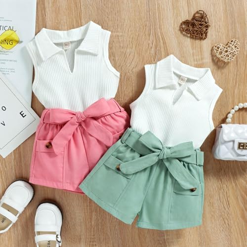 Children Clothing Turndown Collar Ribbed Vest Tops Shorts,3