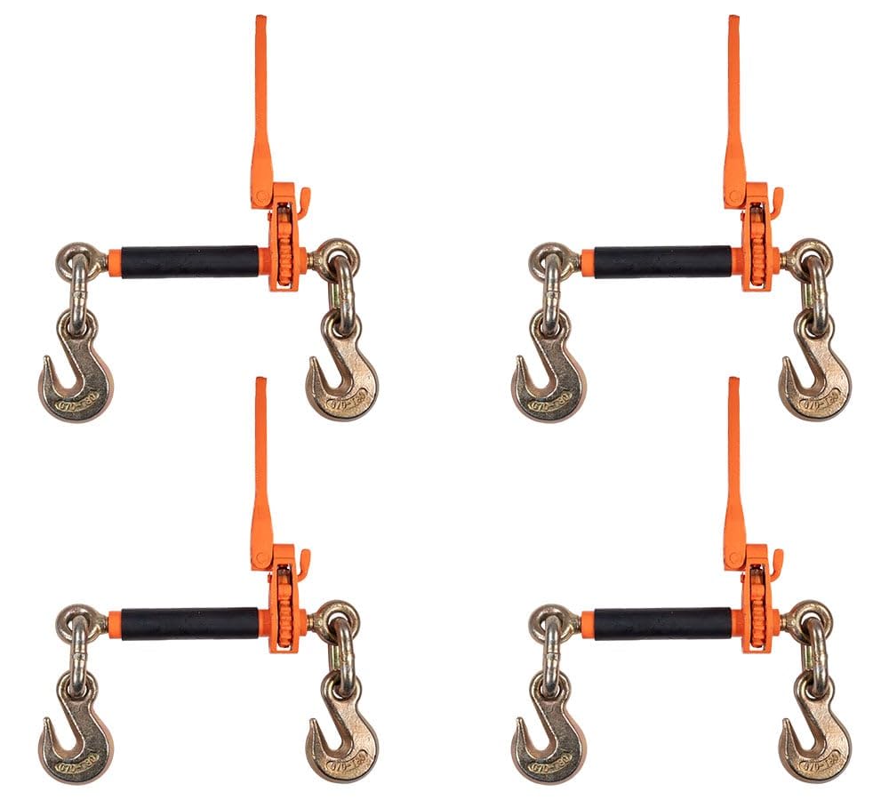 Mytee Products 4 Pack 1/2" - 5/8" Hi-Viz Orange Quick Folding Handle Ratchet Load Binder with Grab Hook 18,100 lbs WLL | Tie Down Hauling Chain Binders for Flatbed Truck Trailer