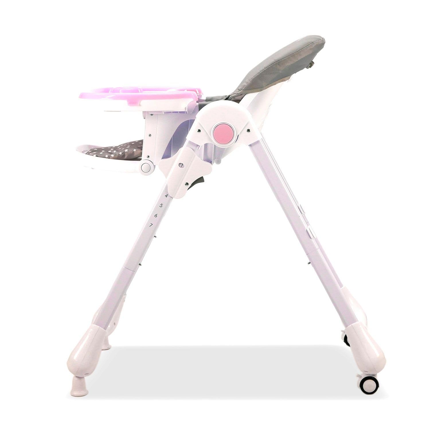 Trona CHEF con Ruedas para Bebé – Altura y Respaldo Reclinables, Bandeja Doble Extraíble, Arnés 5 Puntos, Plegado Compacto, Textil Lavable – Conejito Rosa Asalvo