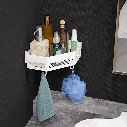 - Diamond Shape Plastic Bathroom Corner Shelf Organizer Stand Wall Mounted Bathroom Accessories with Hooks Plastic Wall Shelf for Bathroom