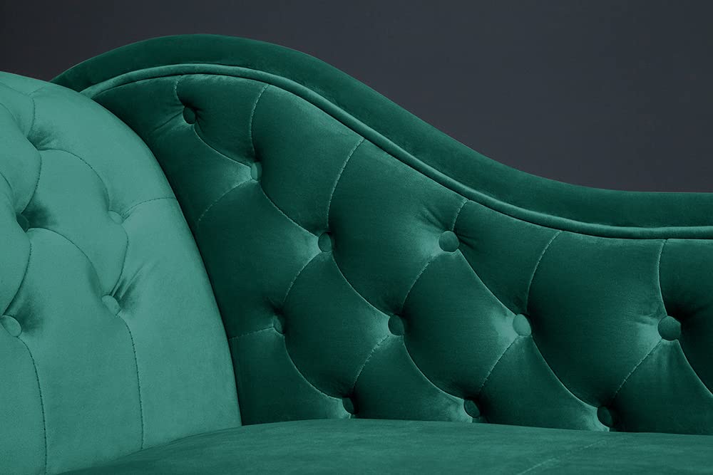 Recamiere CHESTERFIELD - 170cm - smaragdgrün - Samt Knopfheftung Design | Armlehne, Rundumbezug, Nietenbesatz, Nosagfederung, Wellenfederung, hoher Komfort, angenehme Haptik, Eyecatcher