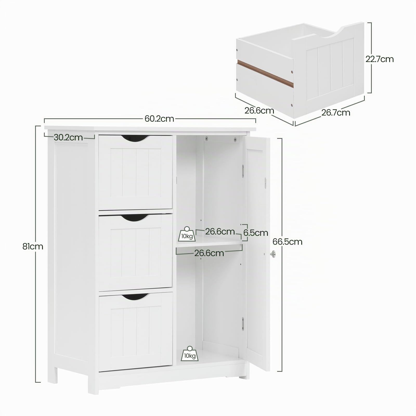 EUGAD Mueble Baño con Cajones, Armario de Baño con Estante Ajustable, Mueble Baño con 3 Cajones, Unidad de Almacenamiento de Baño, Salón, Habitación y Cocina, Cómoda Blanca, Madera MDF, 60x30x81 cm
