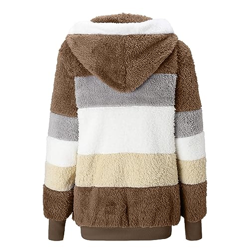 Fuzzy Fleece Jackets for Women Plus Size Hoodies Fall Winter Coats Color Block Patchwork Cardigan Coat with Pockets