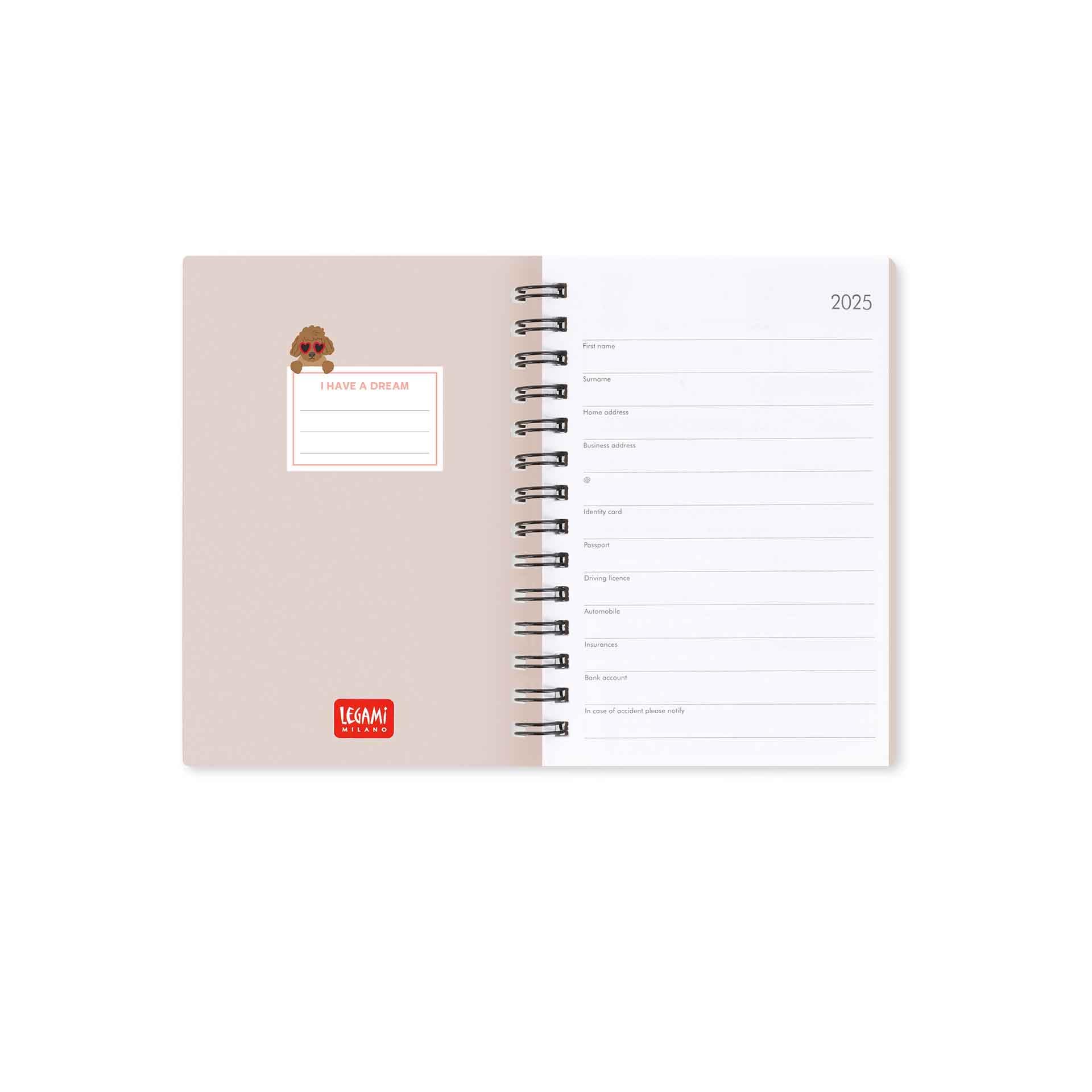 Agenda Legami 2025 Giornaliera Spiralata - Piccola 8.5x13 Cm Con Copertina Cani Sky Blue