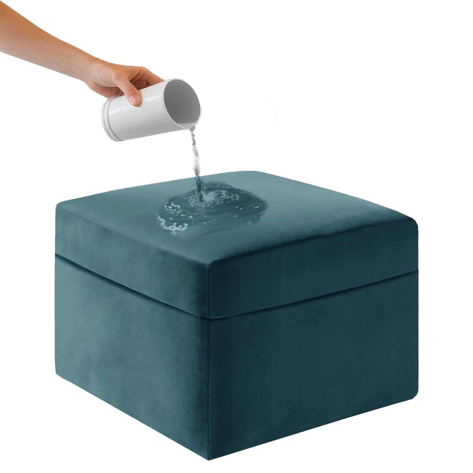 UNBBRRL Ektorp Ottoman Cover Square Waterproof Foot Stool Covers Rectangle Stretch Velvet Fabric with Nonslip Elastic Bottom (Teal,W:50-70cmD:50-70cm+seat)