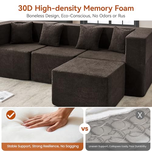 Image of MONVANE 103'' Modular Sectional Sofa, Comfy Teddy Velvet Cloud Couch with Ottoman, Modern Convertible L Shaped Couch with Deep Seat, Sectional Couches for Living Room, Bedroom and Apartment, Brown
