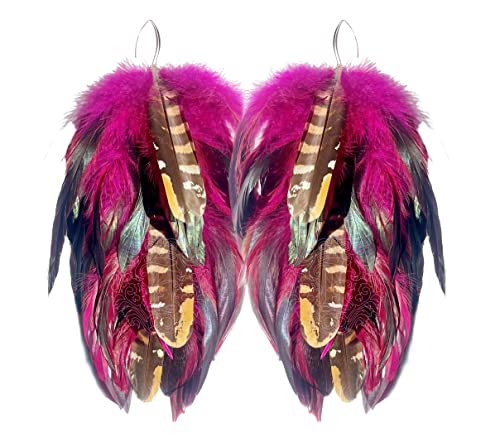 Pink Dangling Earrings Women Hot Pink Feather Earrings for Women with Leaf Shape Hook