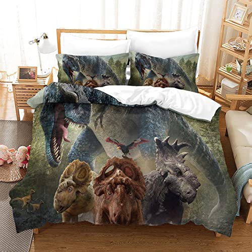 Cartoon-Dinosaurier Quilt-Bettbezug Grün Schönes Tiermuster Für Kinder Jungen Mädchen Bettbezug Aus Mikrofaser Und Kissenbezüge 80x80 King(220x240cm) Cover