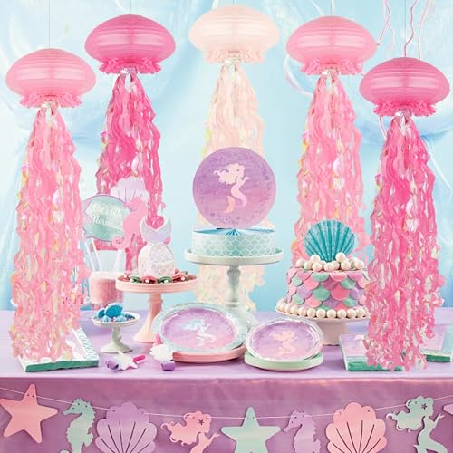 Image of 8 pcs Jellyfish Paper Lanterns Ocean Birthday Party Decorations with Hooks and Ropes, Hanging Jellyfish Decorations for Baby Shower Under The Sea Mermaid Spongebob Birthday Classroom Decorations