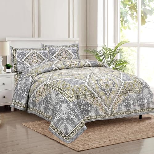 Image of Kuber Industries Double Bedsheet with 2 Pillow Covers | 186 TC Premium Cotton Bedsheet for Double Bed | Bedsheet for Living Room-Home & Hotels | Arabic Beauty Flower Square | 100x108 Inch | Gray