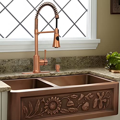 Copper Kitchen Faucet With Soap Dispenser, Single Handle Solid Brass High Arc Pull Down Sprayer Head Kitchen Sink Faucets With Deck Plate Oh566 #TOP1