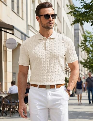 Image of JMIERR Men's Casual Polo Shirt Knitted Textured Short Sleeve Stretch Golf Shirt Summer Vacation Beach Collared Shirts