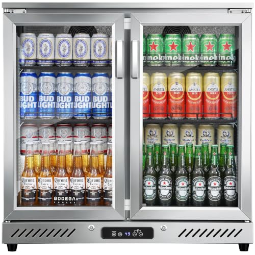 Image of BODEGA 35 inch W Back Bar Cooler Stainless Steel Counter Height Beverage Fridge, 7.4 Cu.Ft Commercial Beer Fridge, 2 Glass Door Display Drink Cooler with LED Light for Bar Pub Night Club