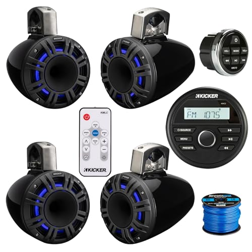 Kicker 46KMC2 All-Weather Marine Gauge Style USB Bluetooth AM/FM Receiver w/Remote, 4X 6.5 300 Watt Peak Multicolor LED Marine HLCD Tower Speakers (Black) with LED Remote, 16 Gauge 50 feet Wire