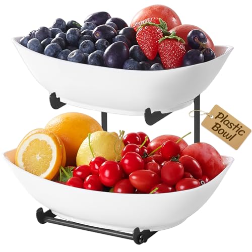 Lifewit Plastic Fruit Bowl Basket for Kitchen Countertop, 2 Tier Fruit Holder with Black Metal Stand, Serving Tray for Food, Vegetable, Cake, Dessert in Party