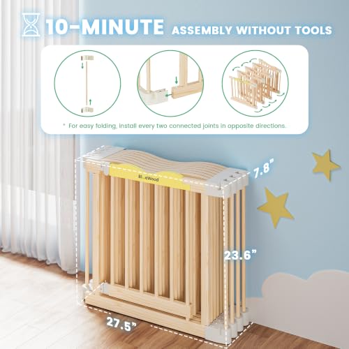 Image of Foldable Wooden Playpen, Natural Pine, 55 x 55 x 24 inches