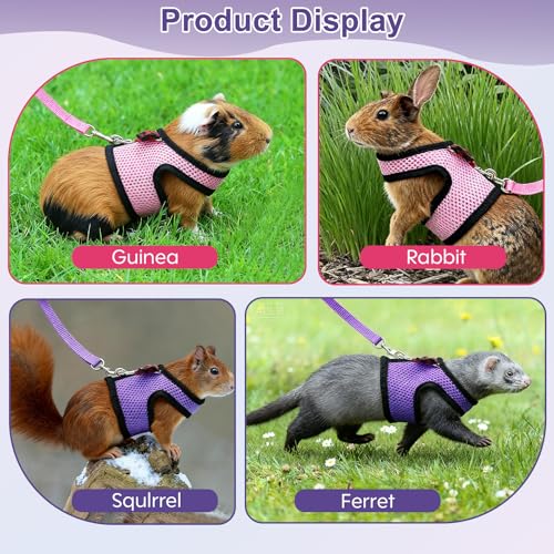 Image of Guinea Pig Harness and Leash，2packs Guinea Pig Clothes Baby Ferret Rats Hamster Soft Mesh Harness Leash for Decoration，Hamster Harness can be Adjusted to Any Size. (Pink + Purple)