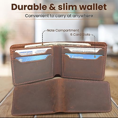 Leather Wallet for Men, RFID Blocking, Top Grain Leather Mens Bifold Wallets, Genuine Leather, Handcrafted, Strong Stitching, Extra Capacity for bills, 6 Card Slots, Gift for Him4