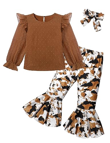 Image of KANGKANG Girls Clothes Ruffled Lace Long-sleeved Top + Bell Bottoms + Headband 3Pcs Toddler Girl Fall Winter Outfit