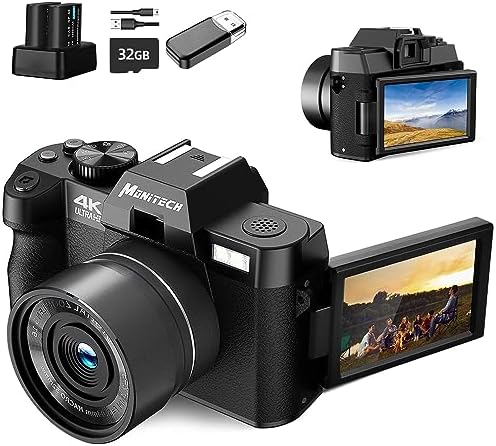 Monitech Digital Cameras for Photography 4K,48MP Vlogging Camera for YouTube and Video,with 180° Flip Screen,16X Digital Zoom, WiFi&Auto Focus,2 Batteries, 32GB TF Card,s100-WT