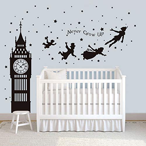 Runtoo Peter Pan Wall Decals Big Ben Clock Never Grow Up Quotes Stars Wall Stickers Baby Nursery Room Kids Bedroom Wall Decor [Black] #TOP1
