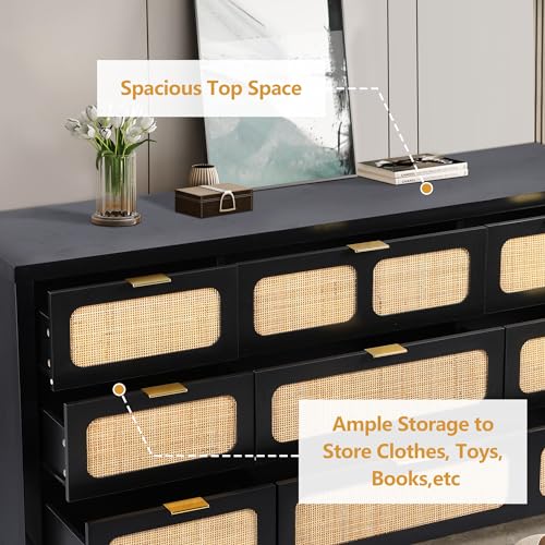 LEVNARY 9 Drawer Dresser for Bedroom, Black Rattan Dresser with 9 Storage Drawers, Wooden Large 58\" Long Dresser for Closet, Entryway, Living Room (Black)