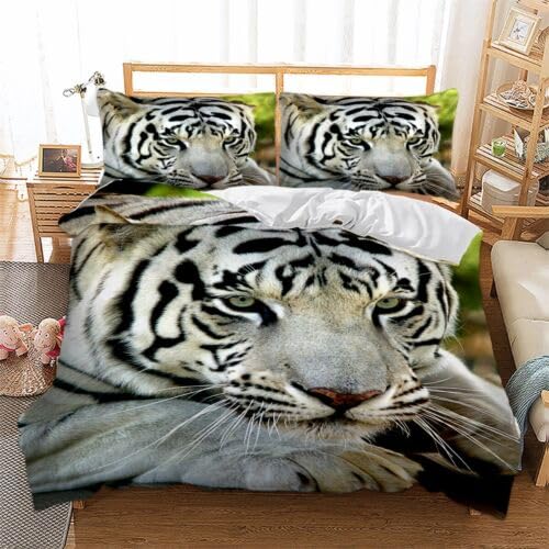 Microfiber Housse de Couette 90x190 cm et Taie 65x65 Tigre Blanc pour Parure de Lit Enfant