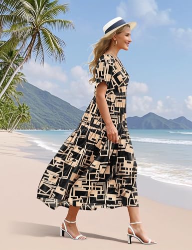 Image of YESNO Women's Summer Maxi Dresses Casual Floral Short Sleeve V Neck Boho Beach Vacation Swing Dress with Pockets EVF