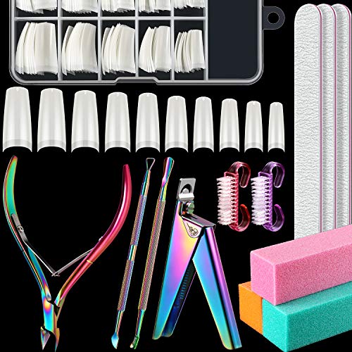 Acrylic Nail Clipper Kit, Included Acrylic Nail Cutter, 100 Pieces Acrylic Nail Tips, Cuticle Nipper, Cuticle Pusher Remover, Nail Tip Clipper, Nail File Buffer Blocks, Nail Brushes (Natural Color)