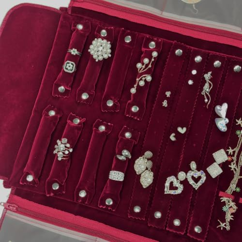 Image of UnionPlus Travel Jewelry Roll Organizer Multiple Compartments, Burgundy
