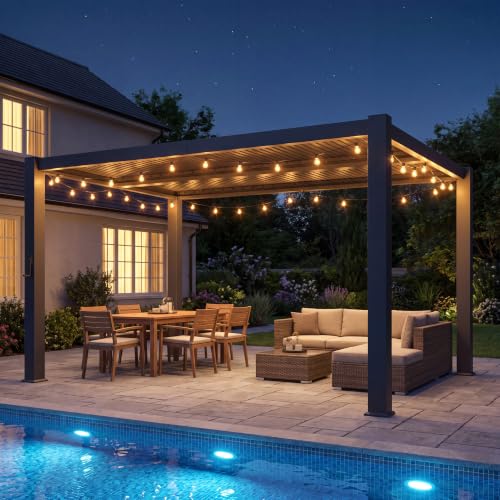 Image of Aoxun Louvered Pergola 10' x 12' 96S Outdoor Metal Pergola with Adjustable Top for Decks, Gardens and Backyards, Easy Assembly via Structural Patent, Gray