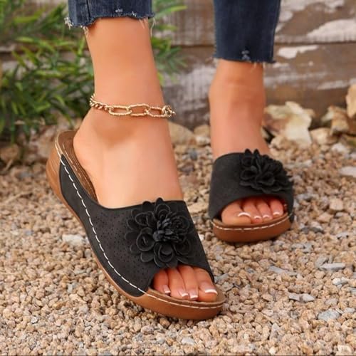 Flower Sandals,Floral Wedge Sandals for Women,Open Toe Leather Slippers Wedge Platform Sandal Slip On Beach Walking Sandals,Sandalias Ortopédicas para Mujer3