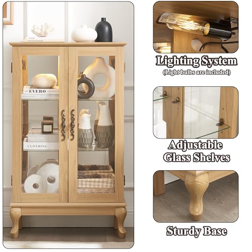 Image of 43 inch H Lighted Curio Cabinet Display Case, Glass Curio Cabinet with Adjustable Shelves & Tempered Glass Door, Wooden Cabinets with Mirrored Back Pane for Living Room (Light Oak)