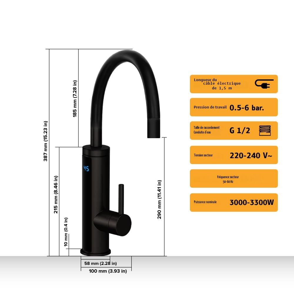 HOGART Robinet électrique avec chauffe-eau instantané 230v pour cuisine, jardin, salle de bain, caravane, camping, 2 embouts, Smart Heater, mitigeur avec chauffe-eau instantané, robinet d’eau chaude